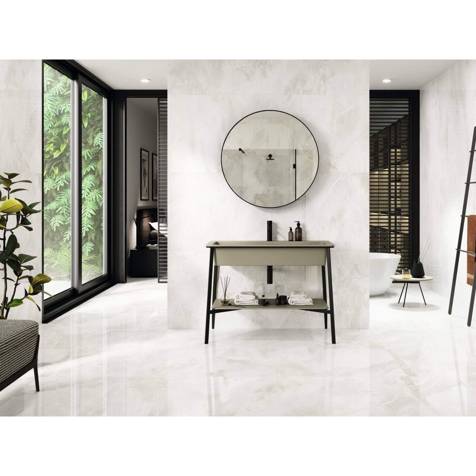 Támesis 1851 White Polished cream marble-effect tiles with a vanity and sage green countertop