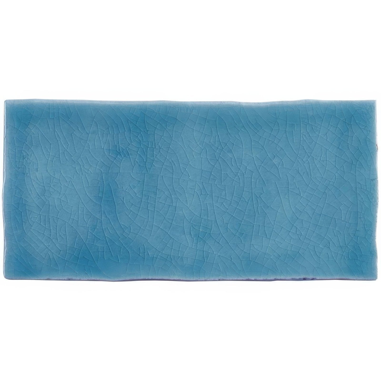 A rectangular blue ceramic half tile teal with a textured crackled glaze finish