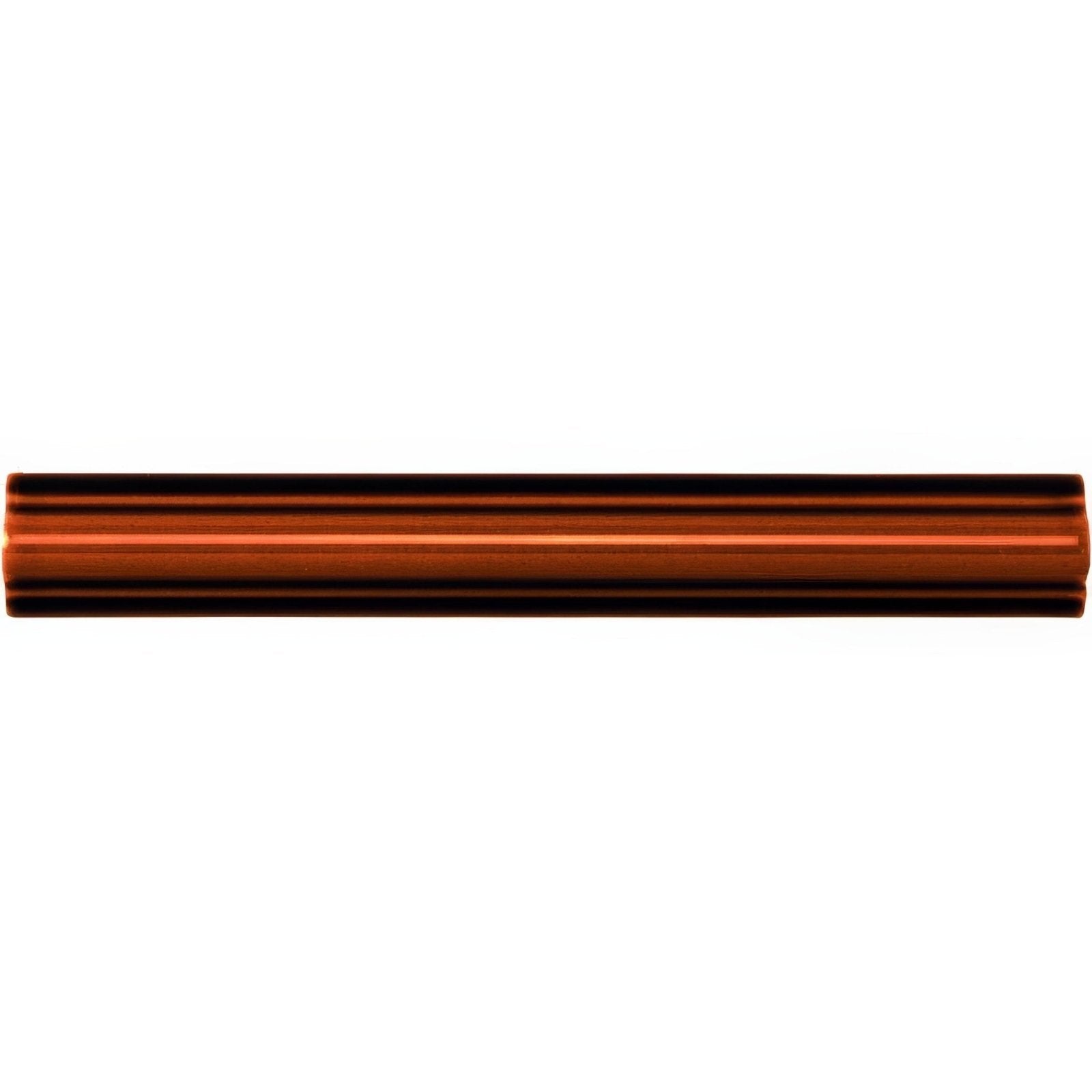 Teapot brown astragal moulding copper colored metallic rod with smooth reflective surface and subtle horizontal ridges