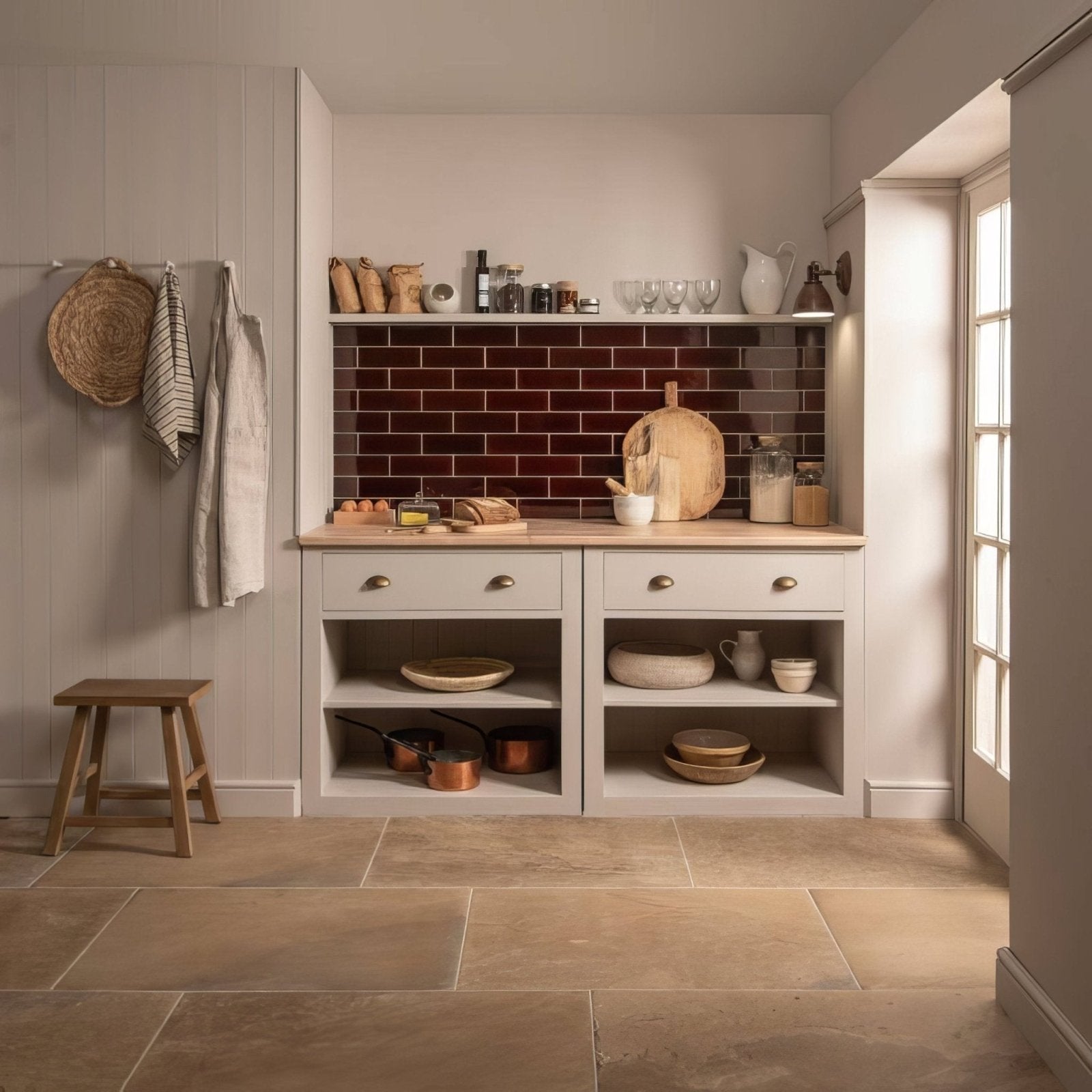 White kitchen cabinet with wooden countertop and dark red subway tile backsplash featuring teapot brown large brick