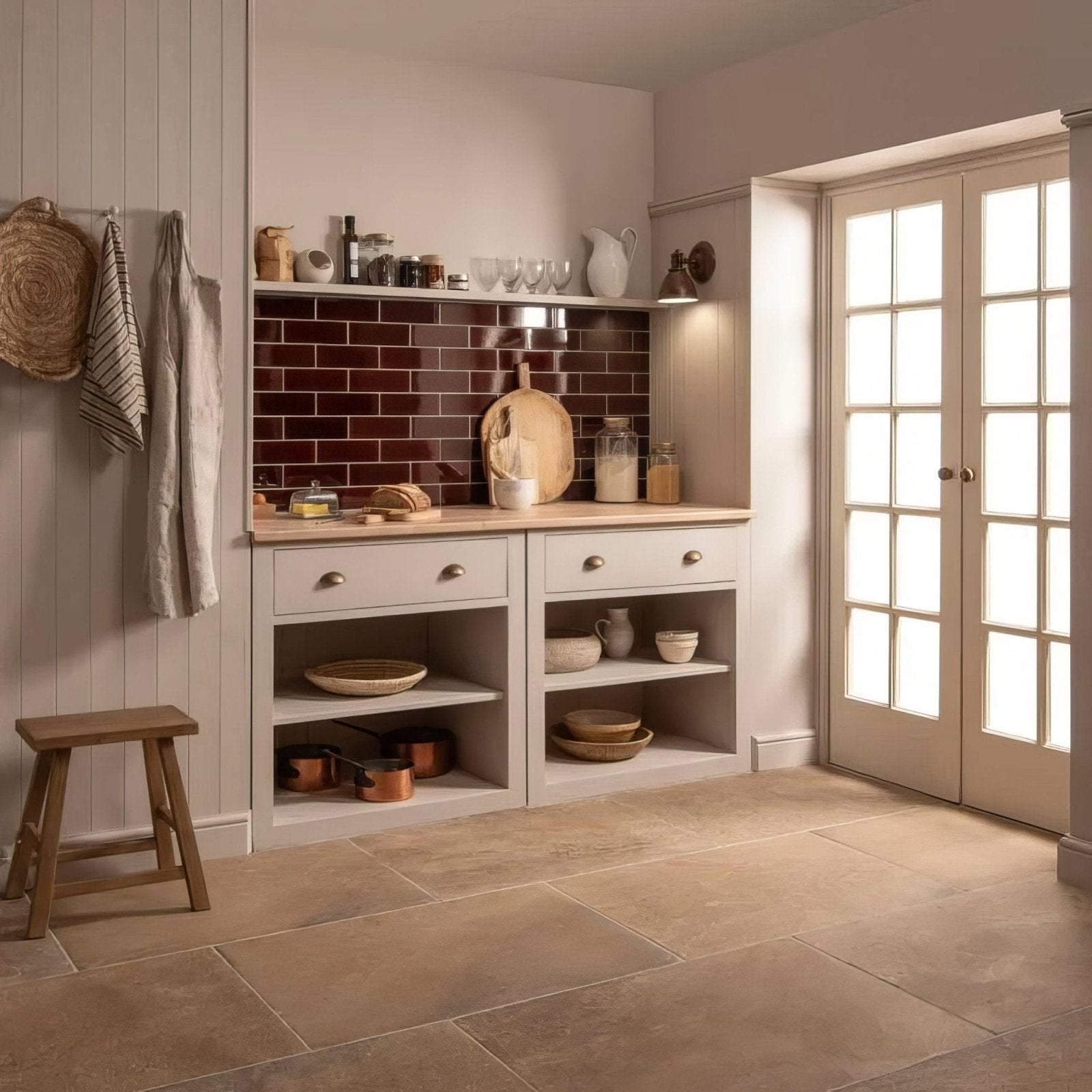 Teapot brown large brick displayed in a rustic kitchen with white cabinets, dark brown subway tile backsplash, and copper pots