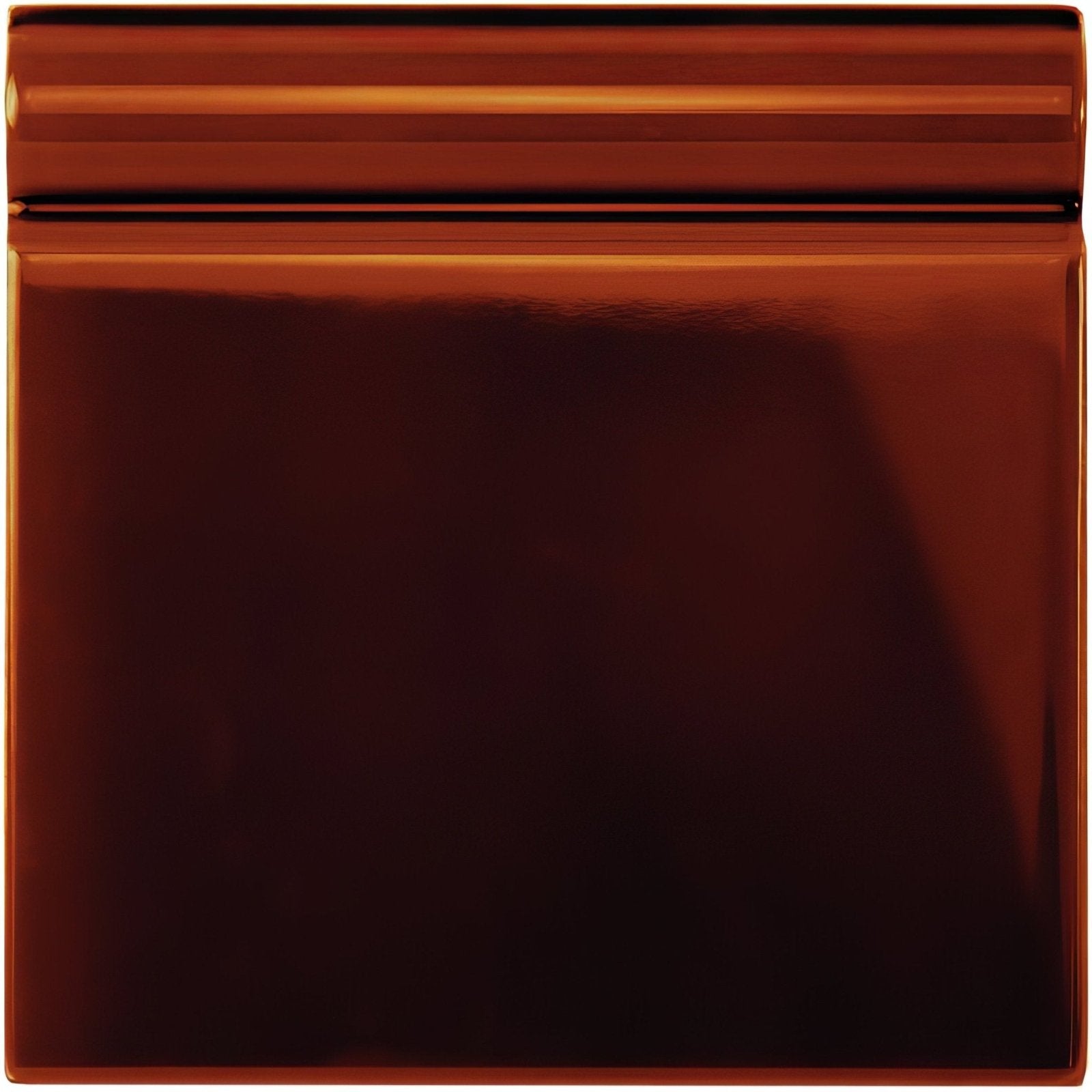 A glossy copper-colored teapot brown skirting tile with smooth reflective surface and subtle horizontal ridges