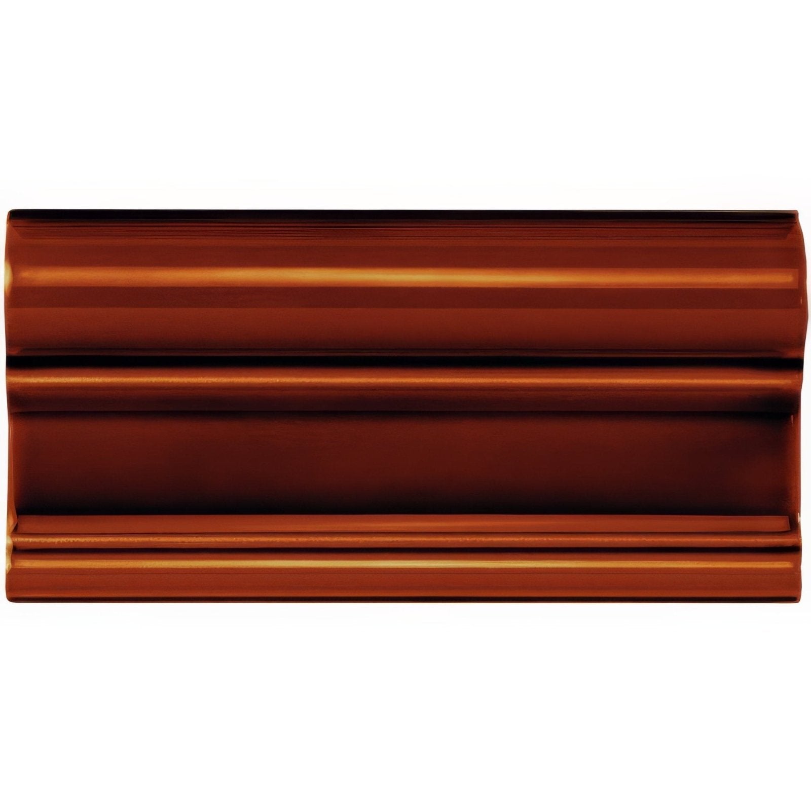 Teapot brown victoria moulding is a copper-colored decorative molding with a glossy finish and classic three-tiered design