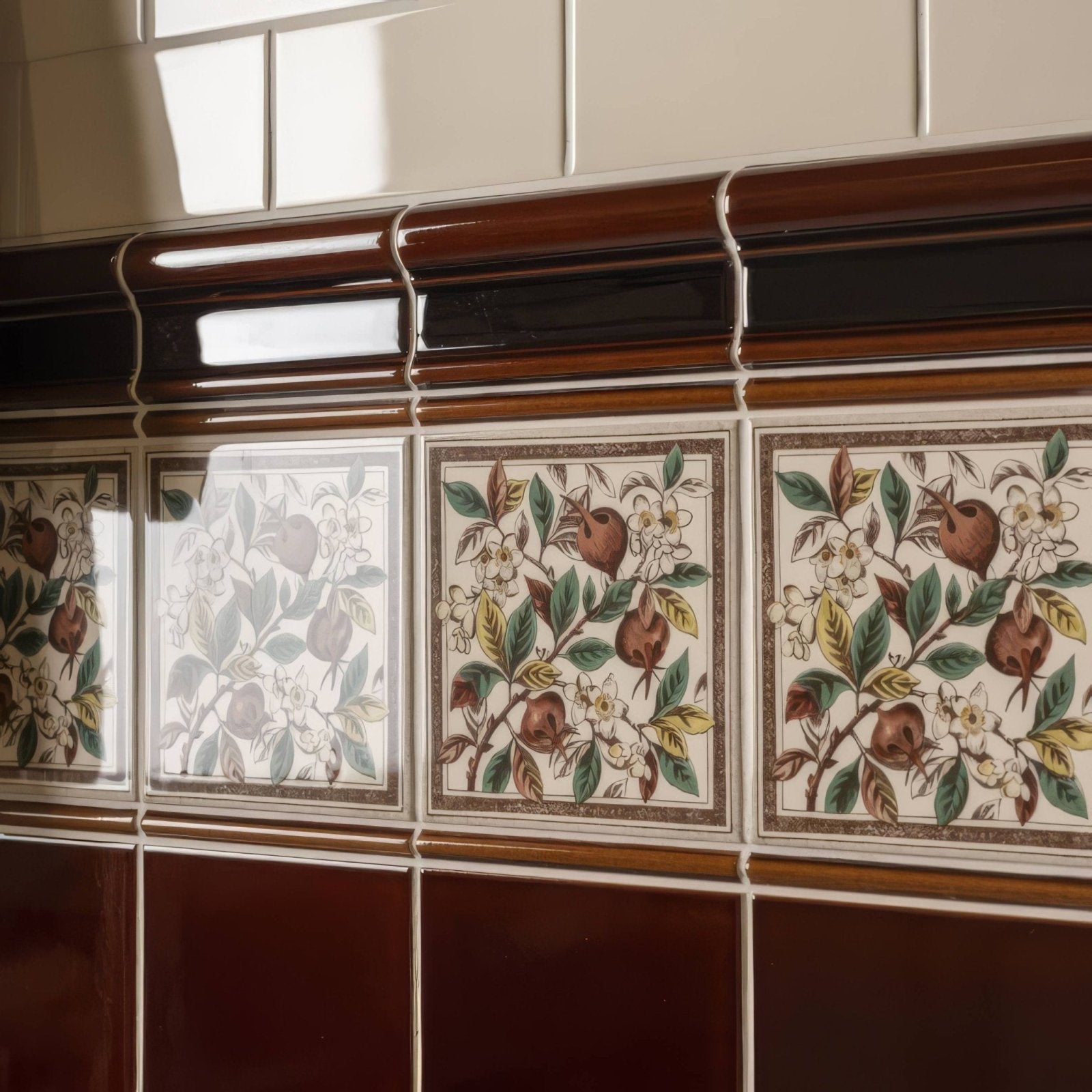 Teapot brown victoria moulding ceramic tiles with intricate botanical pomegranate and blossom designs in earthy tones
