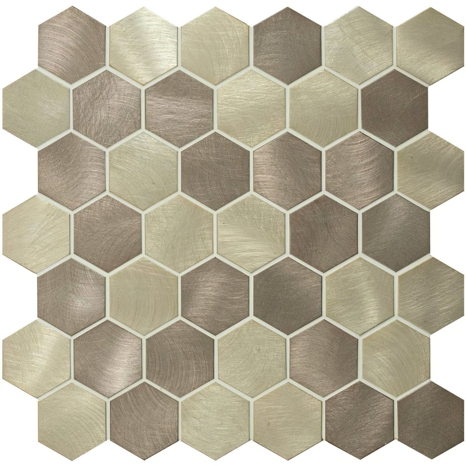 Telesto beige mix hexagon mosaic with hexagonal metallic tiles in brushed bronze and champagne finishes