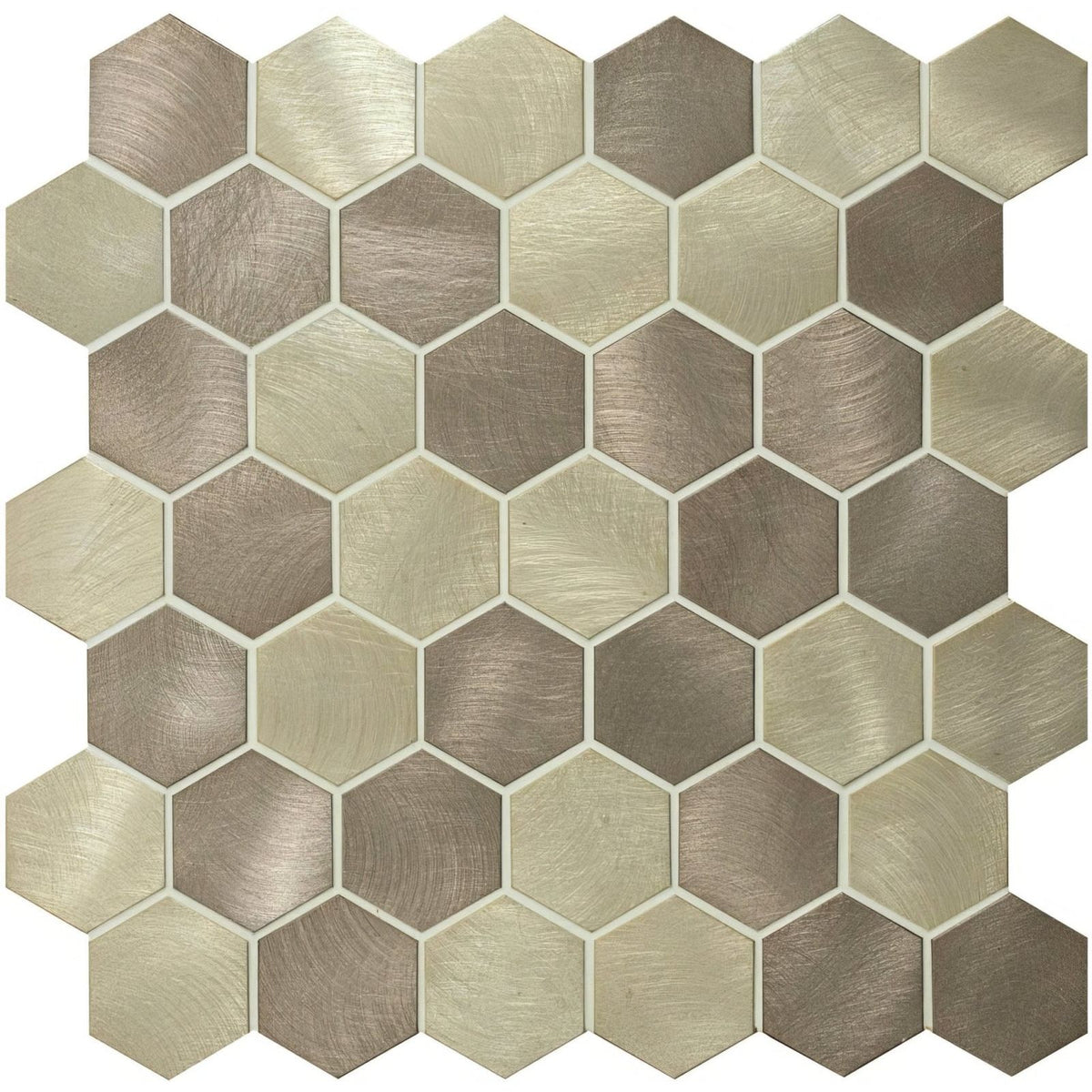 Telesto beige mix hexagon mosaic with hexagonal metallic tiles in brushed bronze and champagne finishes