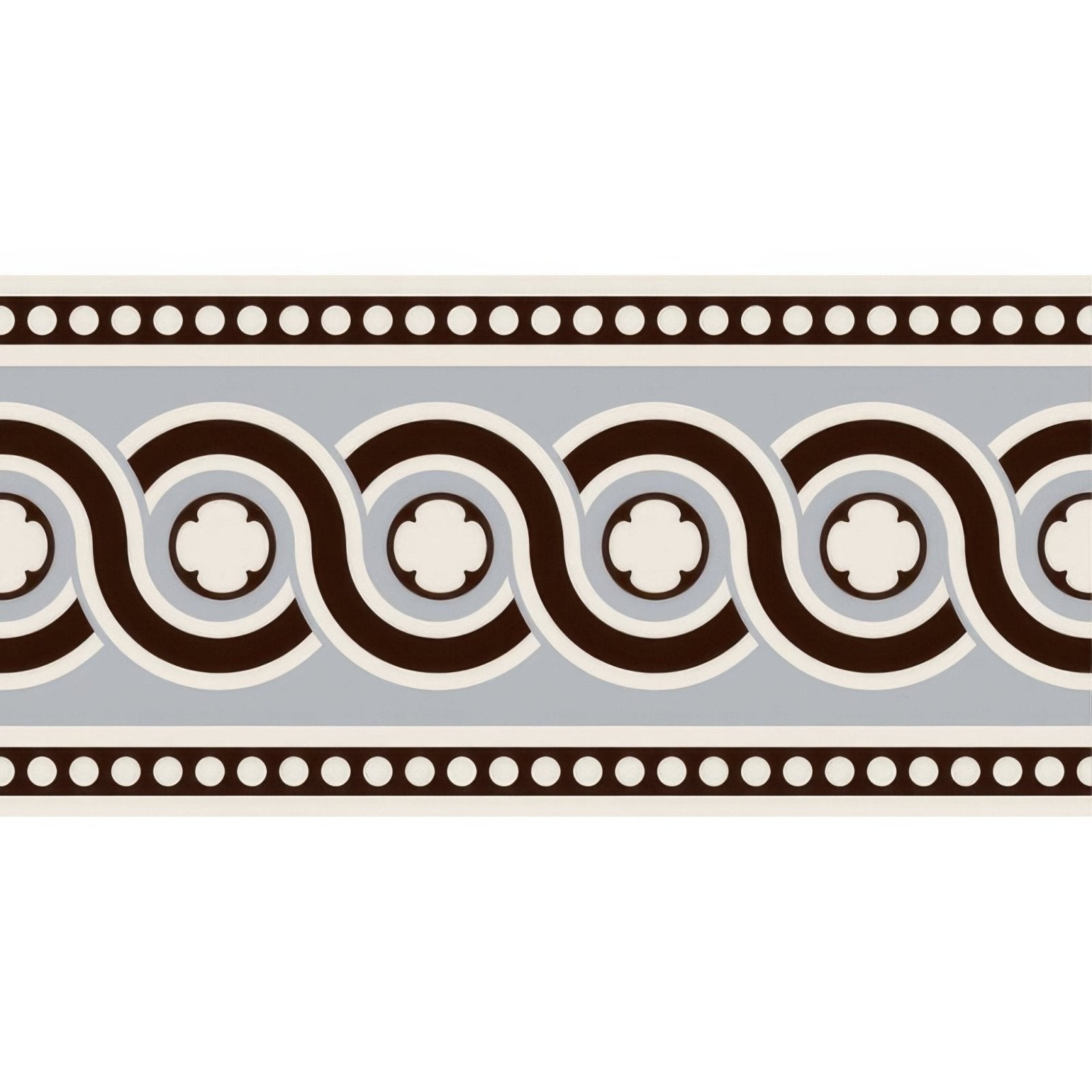 Telford border black on dover white decorative border with dark brown and cream circular motifs on light gray background