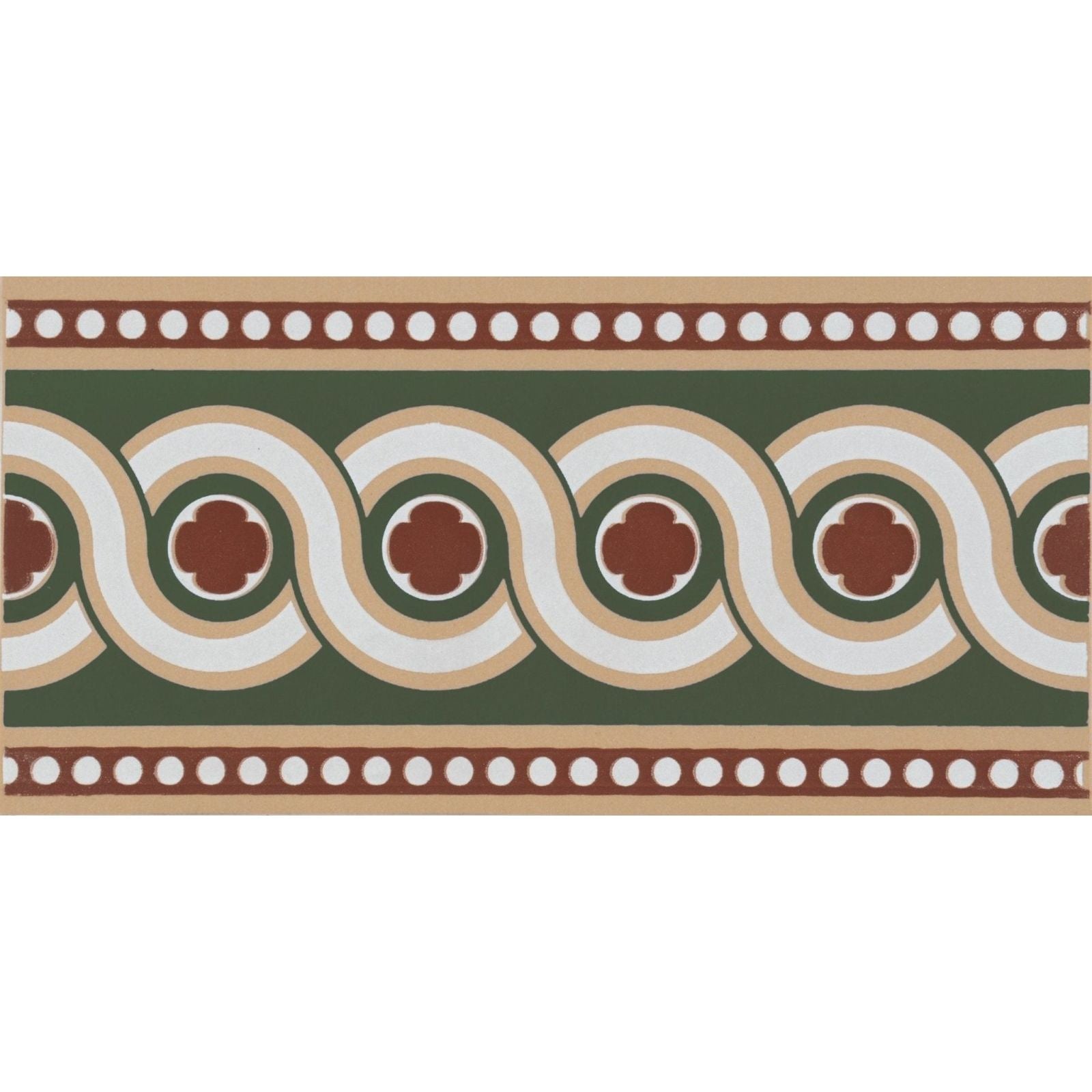 A decorative ceramic tile telford border green with burgundy cream and forest green interlocking circle and clover motifs