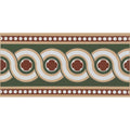 A decorative ceramic tile telford border green with burgundy cream and forest green interlocking circle and clover motifs