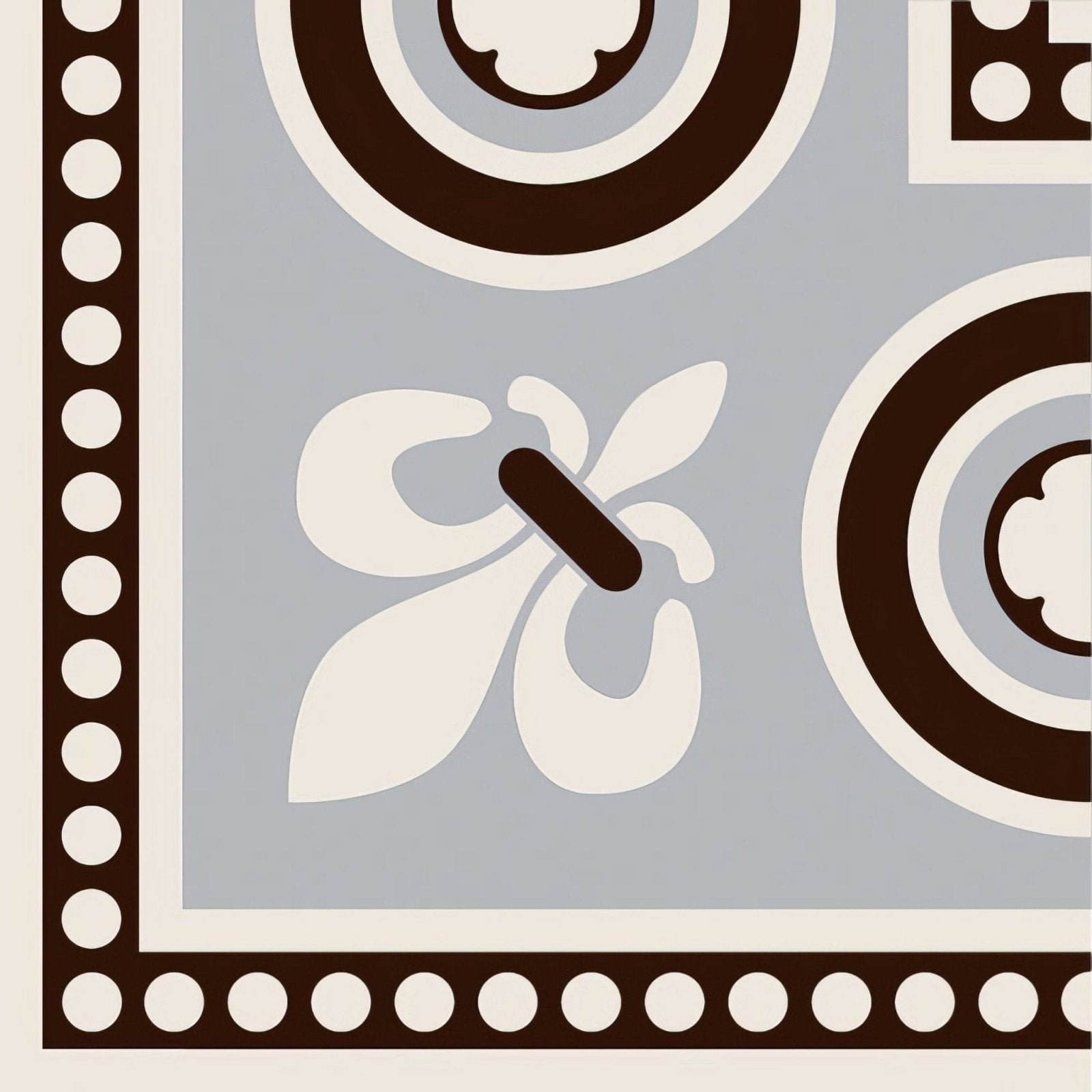 Telford corner black on dover white fabric with beige and brown geometric patterns and white stylized flower design