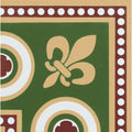 Telford corner green tile featuring green background with beige fleur-de-lis and maroon white dotted borders