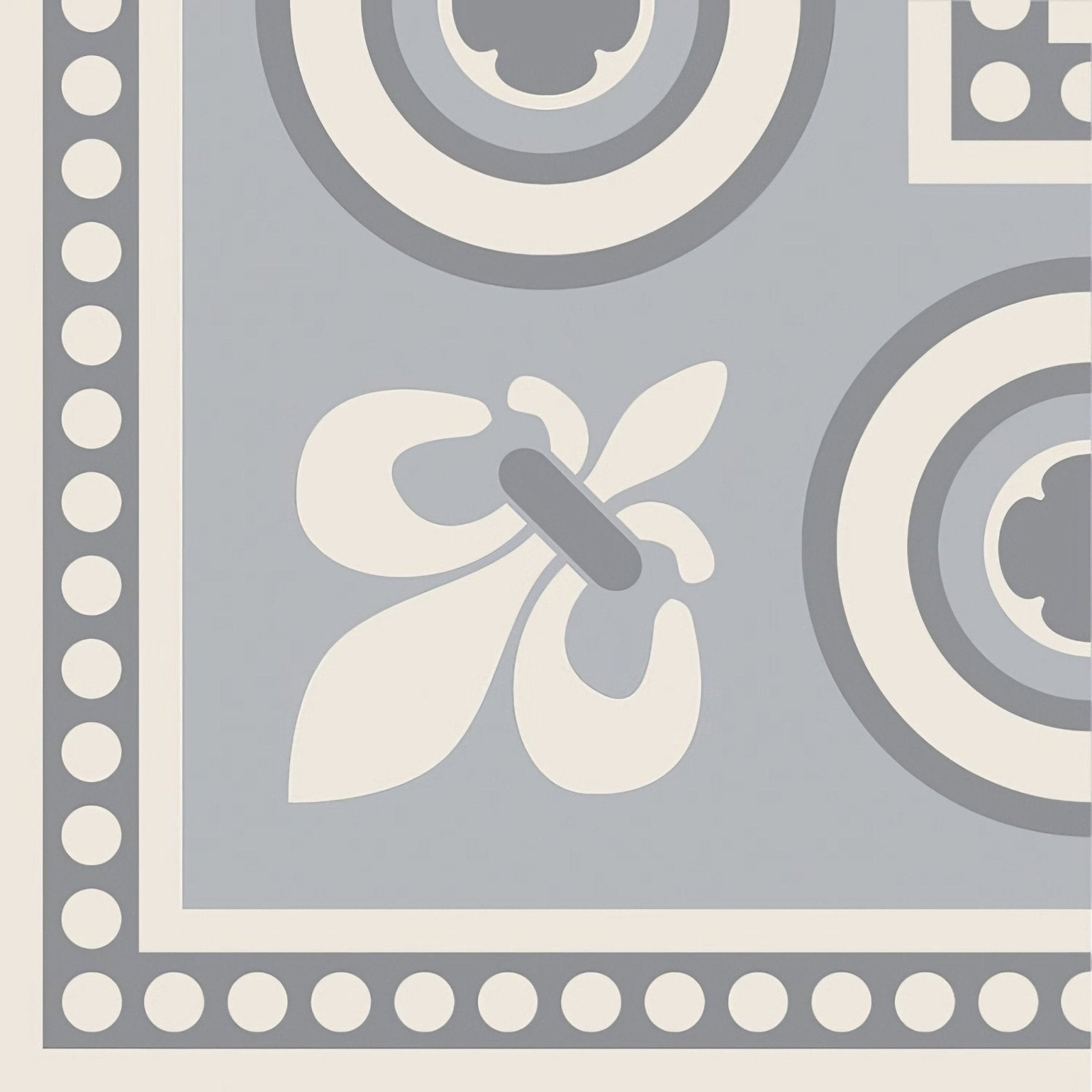 Telford corner grey on dover white tile with gray and off-white geometric patterns and stylized floral circular motifs