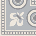 Telford corner grey on dover white tile with gray and off-white geometric patterns and stylized floral circular motifs