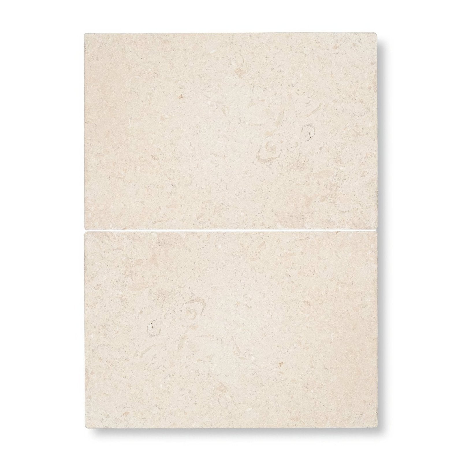 Two stacked beige travertine temple ezra 60 x 40cm tumbled tiles with natural textured surface and subtle veining