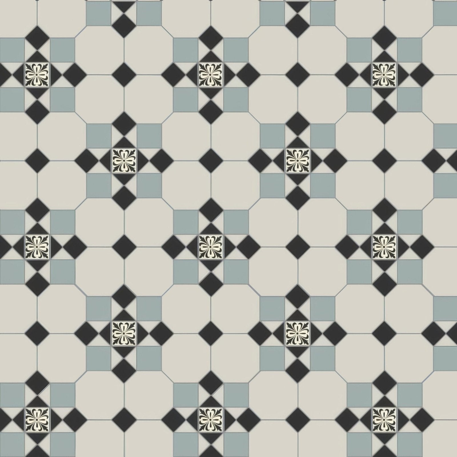 Tenby black dover white and grey geometric floor tile with octagonal and diamond shapes and floral motifs in cardigan drop-in