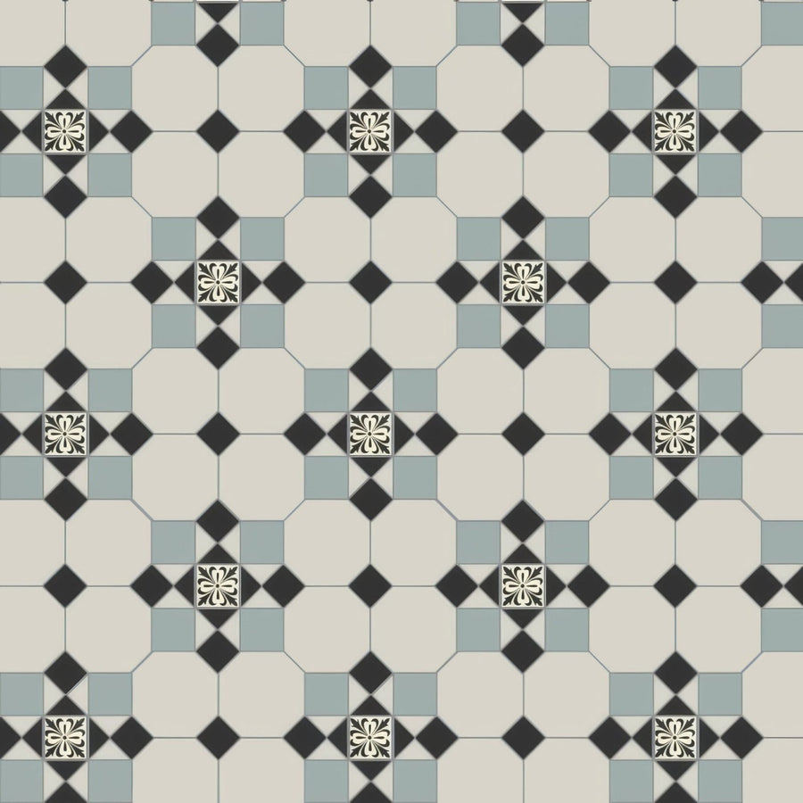 Tenby black dover white and grey geometric floor tile with octagonal and diamond shapes and floral motifs in cardigan drop-in