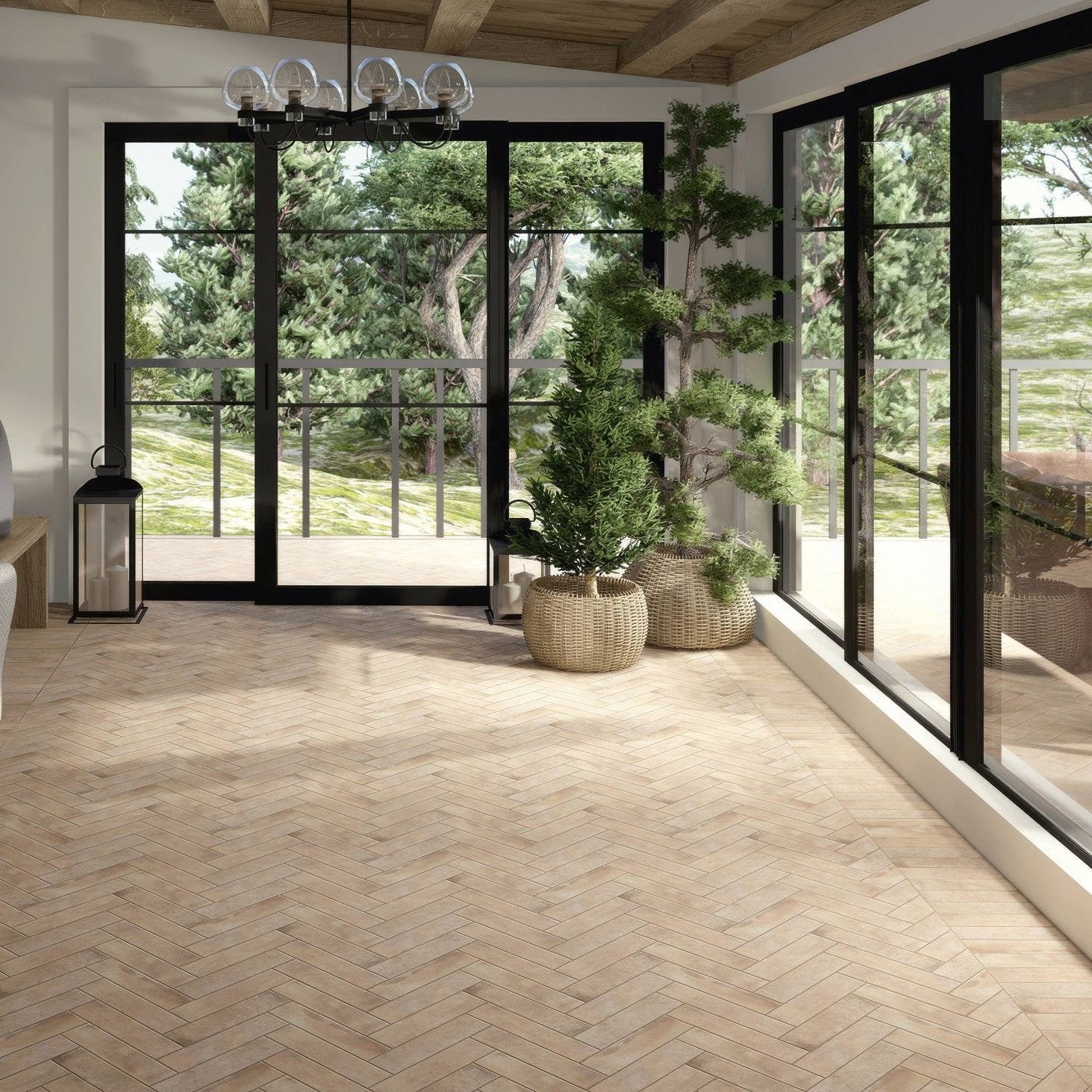 Light beige herringbone patterned terracotta ochre porcelain ceramic floor tiles with durable finish