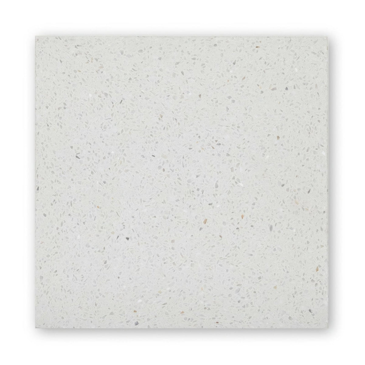 A square light gray quartz countertop tile with subtle speckled texture from terrazzo angelo base collection