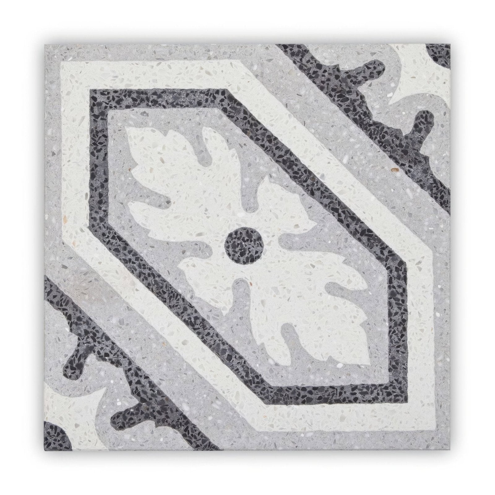Gray and white terrazzo bertoli tile featuring a central floral motif framed by geometric borders