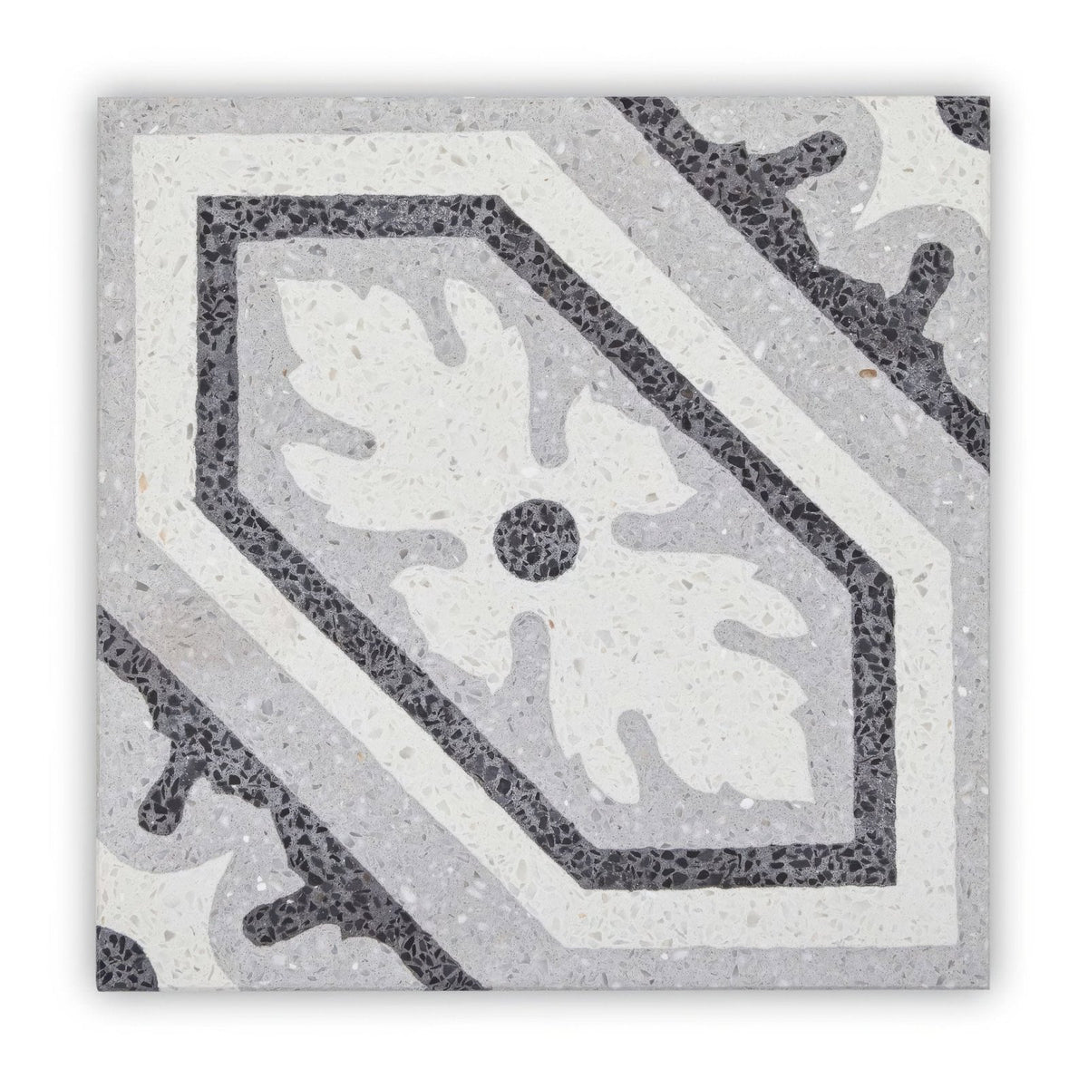 Gray and white terrazzo bertoli tile featuring a central floral motif framed by geometric borders