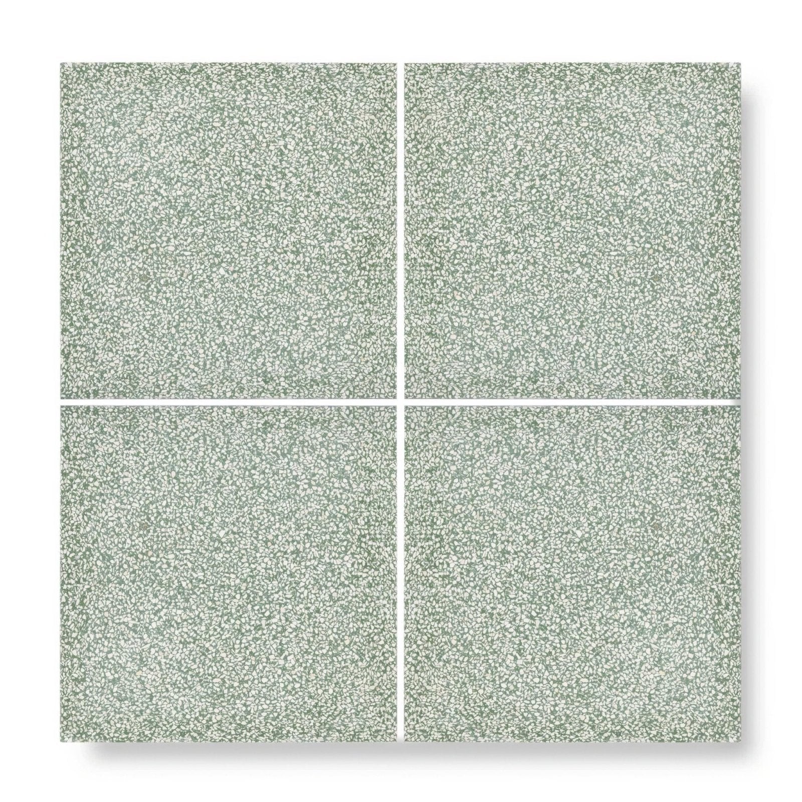 Set of four terrazzo bosello base square tiles with speckled muted sage green finish for flooring and walls