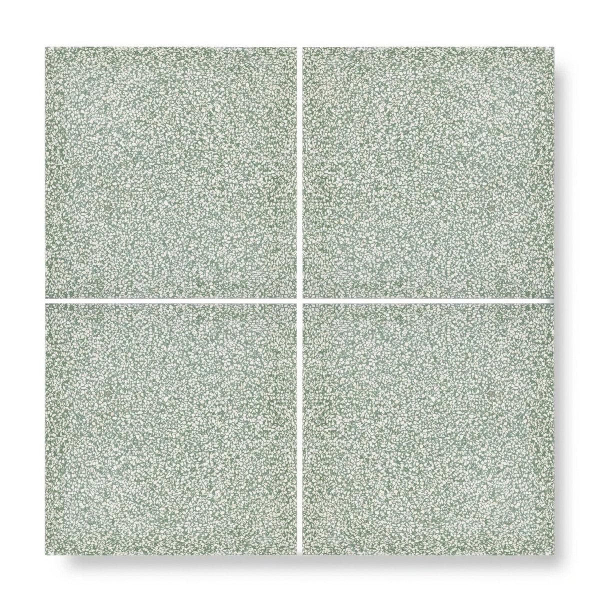 Set of four terrazzo bosello base square tiles with speckled muted sage green finish for flooring and walls