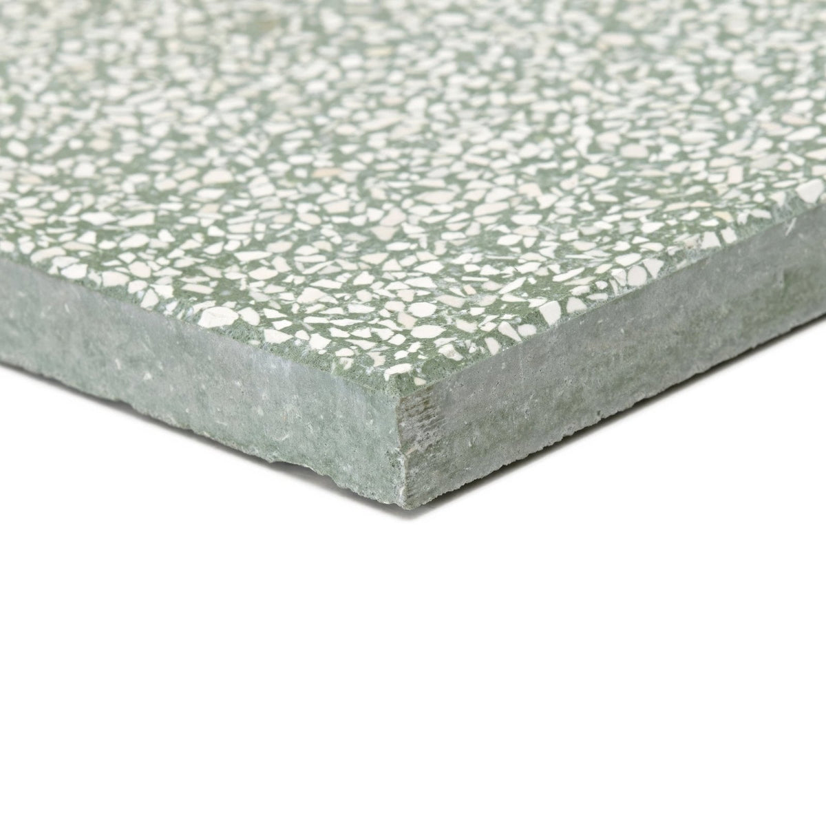 A square light green terrazzo bosello base tile with speckled white and gray aggregate surface