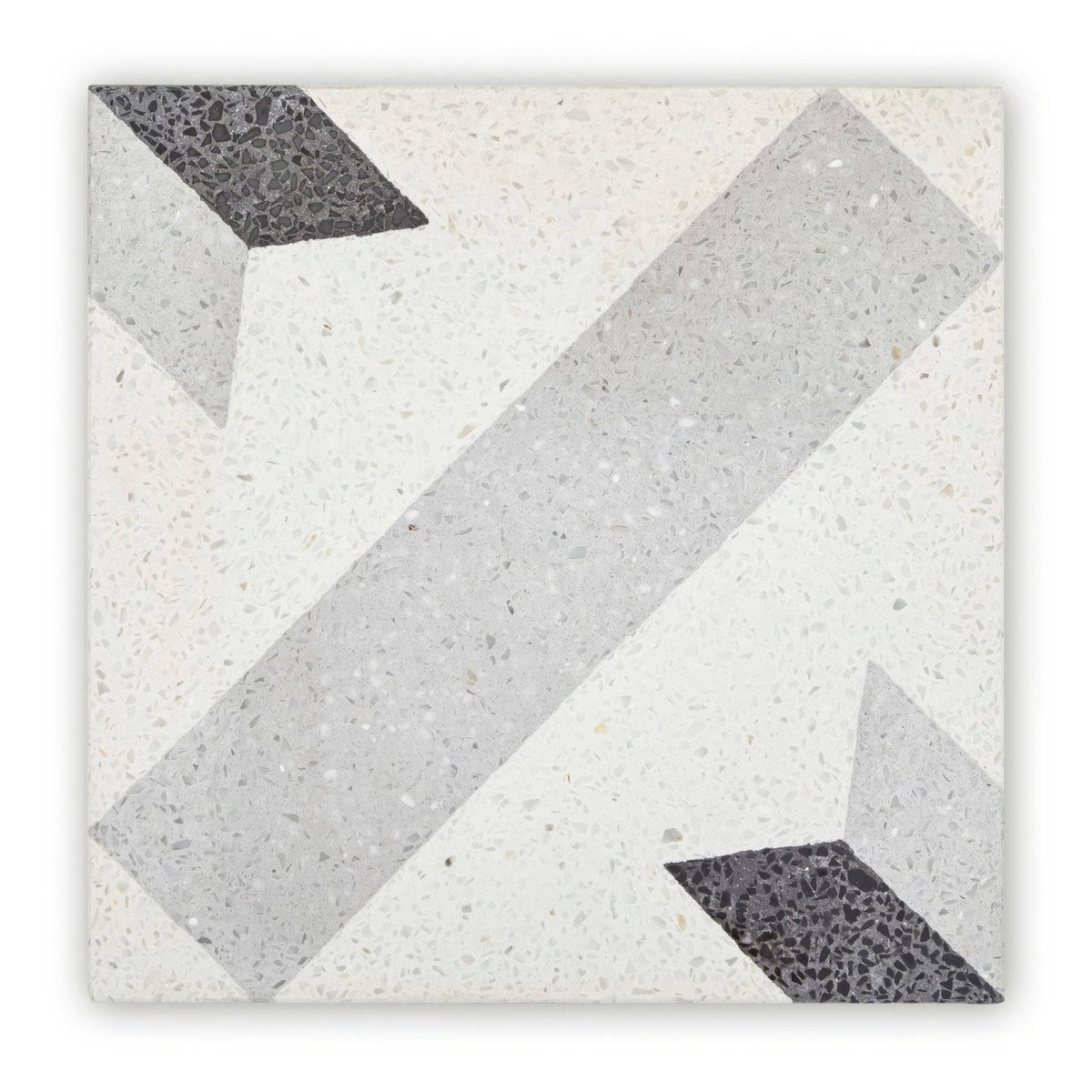 Terrazzo crovato geometric terrazzo tile with white base and gray black speckled angular stripes pattern