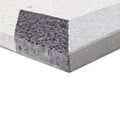 Gray terrazzo tile terrazzo crovato with speckled surface and contrasting dark aggregate in the corner