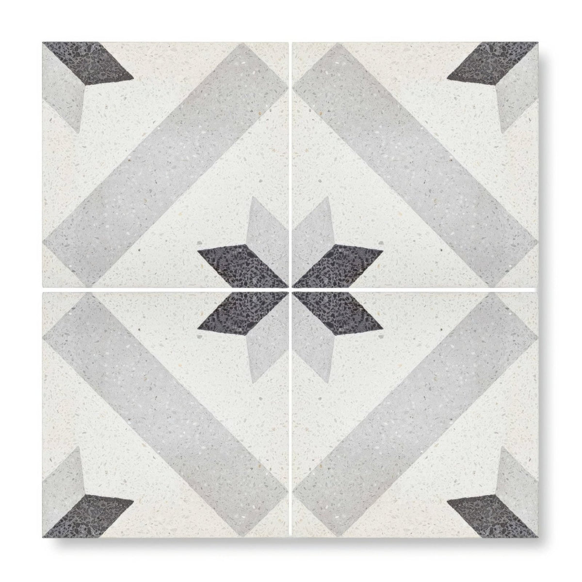 Terrazzo crovato tile with dark gray geometric star pattern on off-white speckled terrazzo background