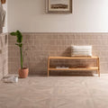 A minimalist wooden bench with light natural finish two shelves and woven-patterned cushion in Thatch Torus Moulding style