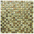 Thea 30 x 30cm mosaic tile panel with embossed green and bronze square tiles in varying shades and patterns