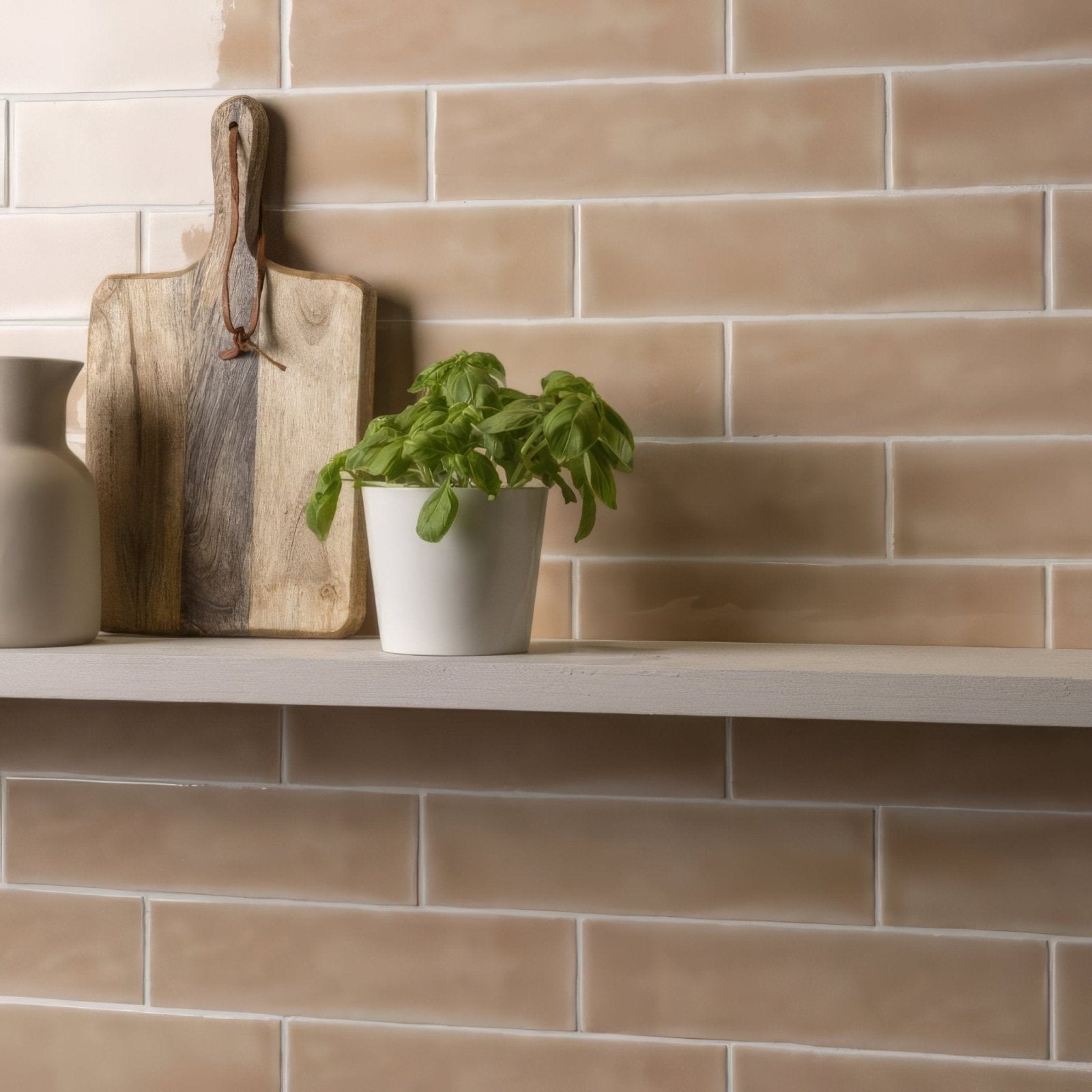 Thebes large brick tile with a white ceramic pot holding a lush green basil plant on top