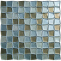 Theia mixed glass mosaic panel with a glossy grid of square glass tiles in blue and gold shades