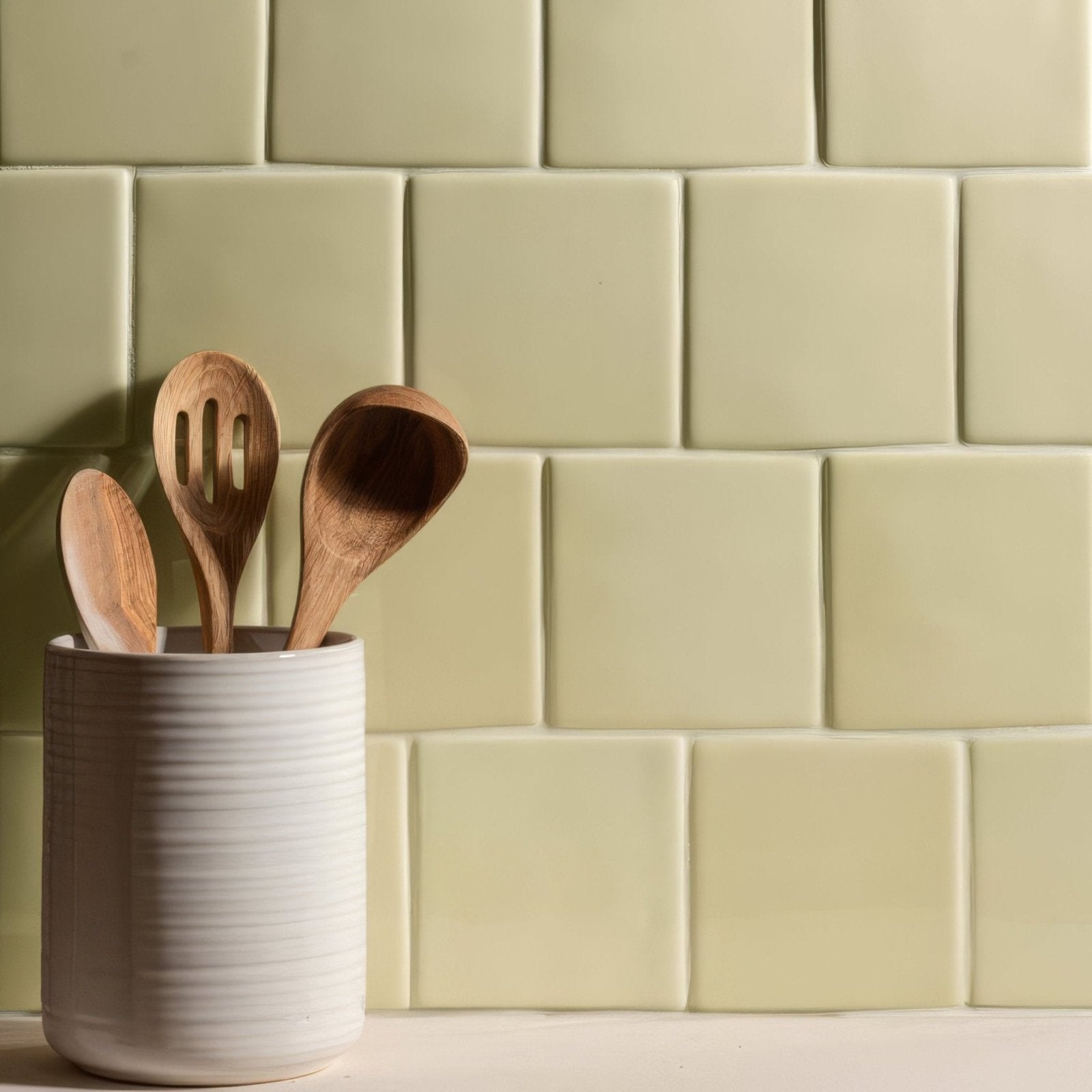 A white ceramic utensil holder with vertical ridges holding wooden spoons against a pale green thyme half tile backsplash