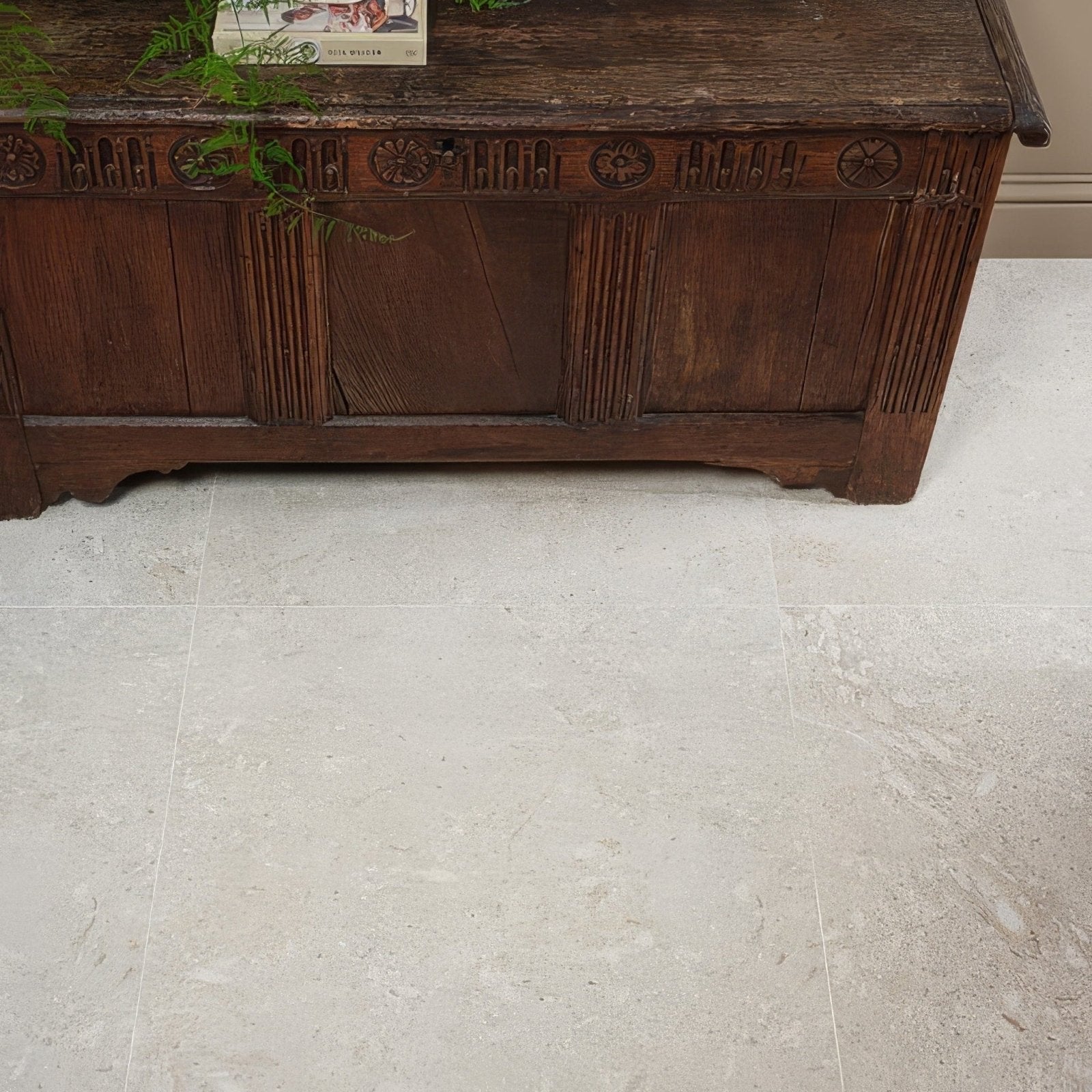 Antique dark wood chest with carved decorative panels and vertical fluting from tisbury porcelain 80 x 80cm