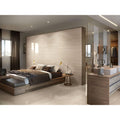 Tivoli 1829 Sand Polished beige wood-effect porcelain tiles with a wooden platform bed