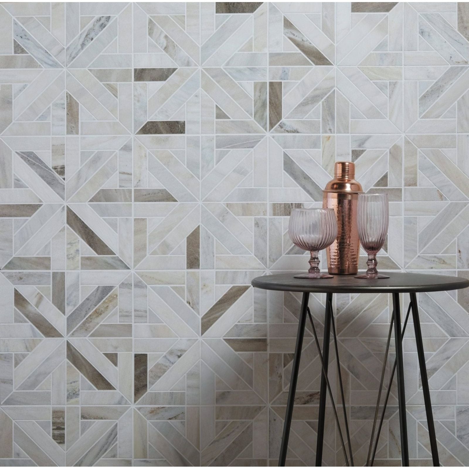 Tokyo Lattice Marble Mosaic grey and white marble star mosaic with a copper cocktail shaker