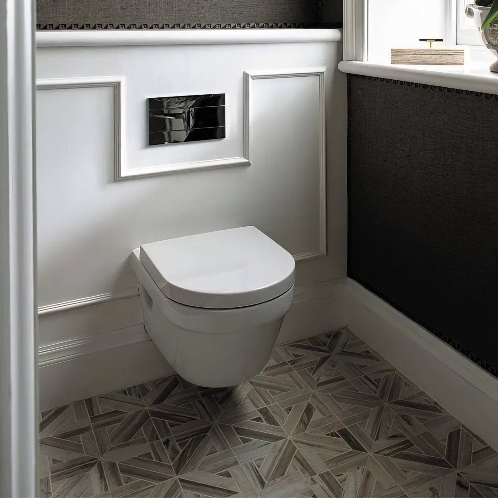 Tokyo Lattice Marble Mosaic grey and white marble star mosaic with a wall-mounted toilet