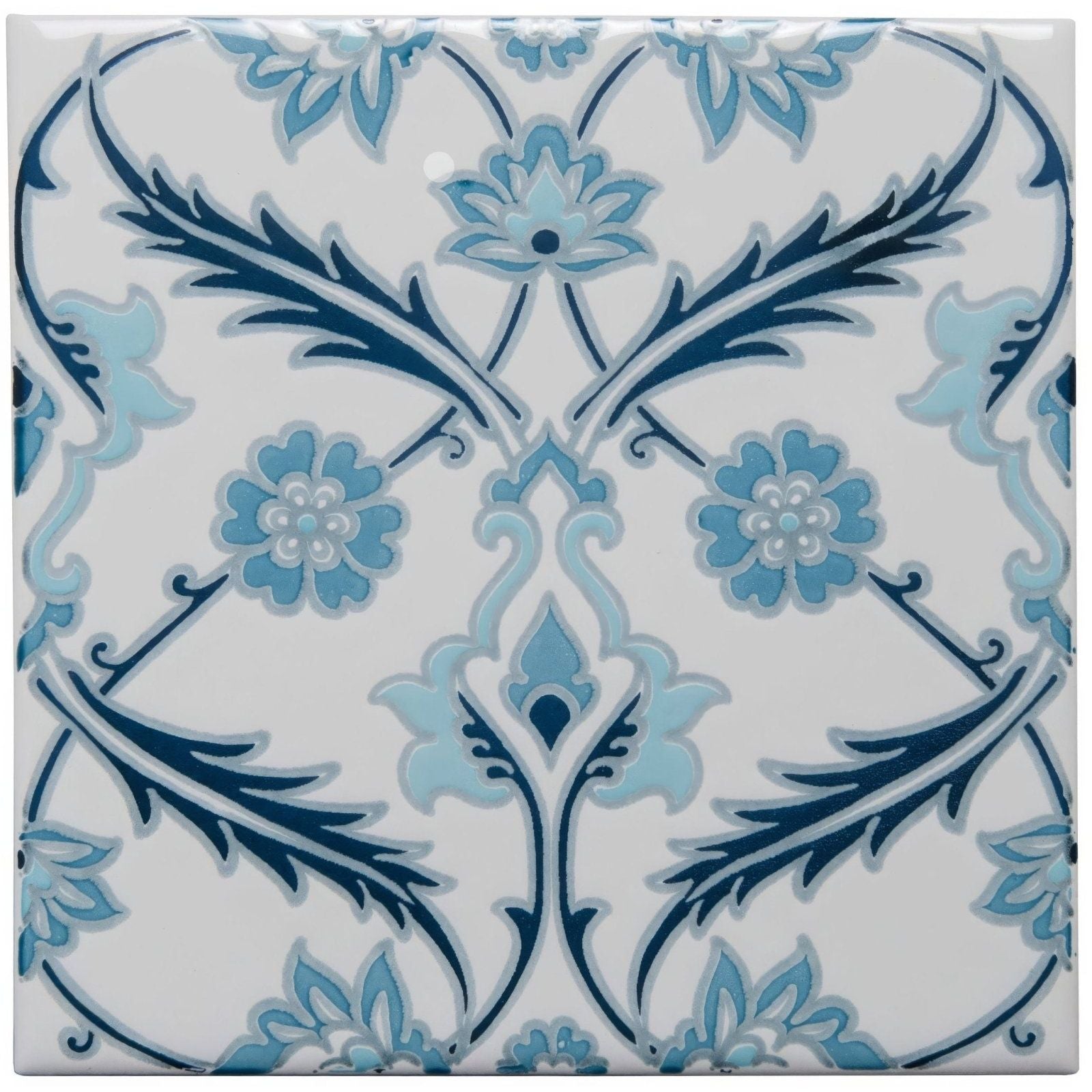 Square ceramic tile topkapi blue on helmingham with a white base and intricate blue floral pattern in varied shades