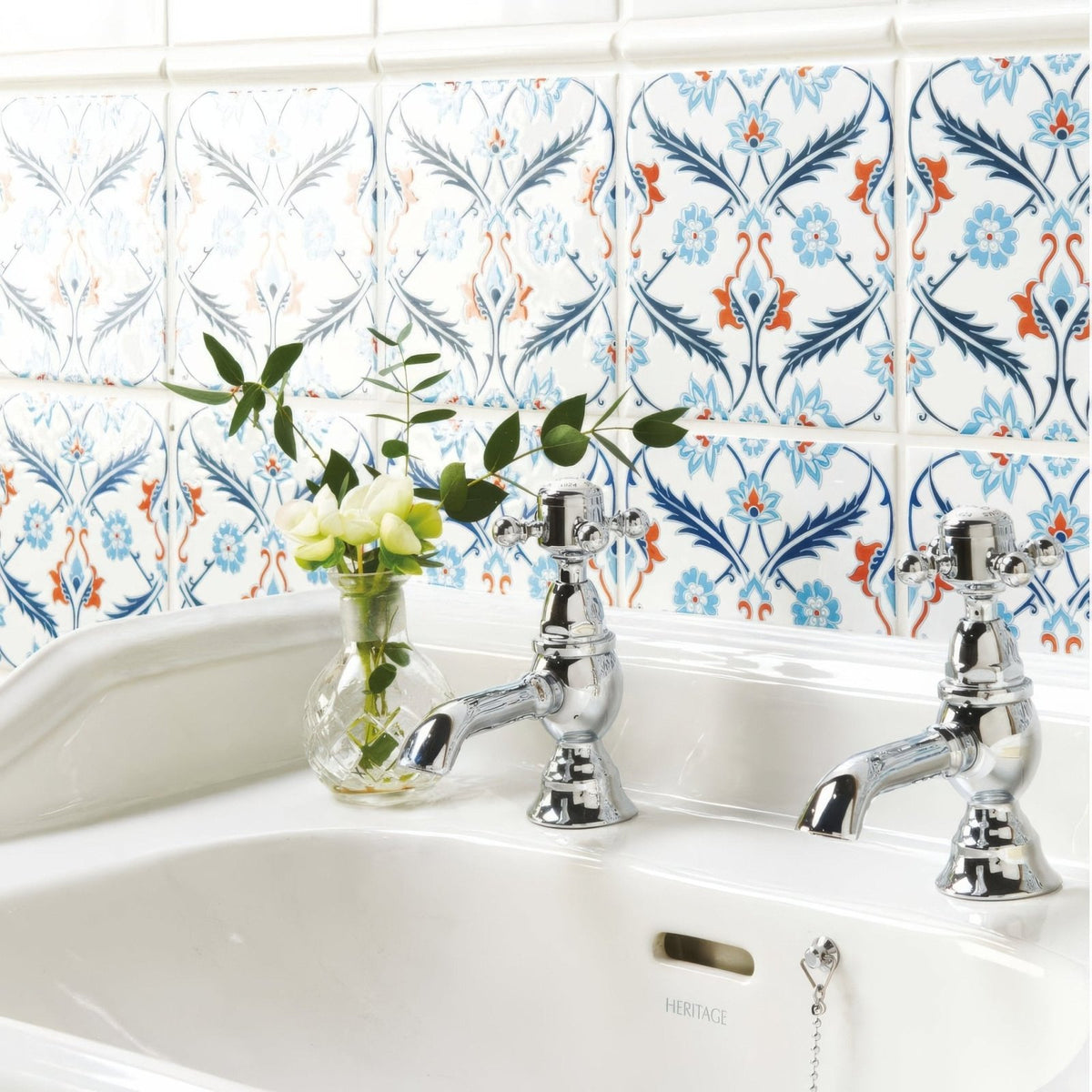 Topkapi red on helmingham chrome finished heritage bathroom faucet with ornate cross handles and classic design