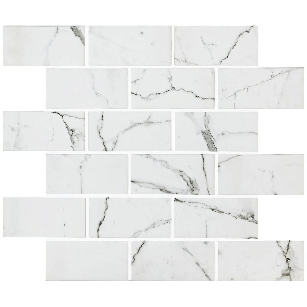 Torcello white brickbond recycled glass subway tile mosaic with white marble effect and subtle gray veining