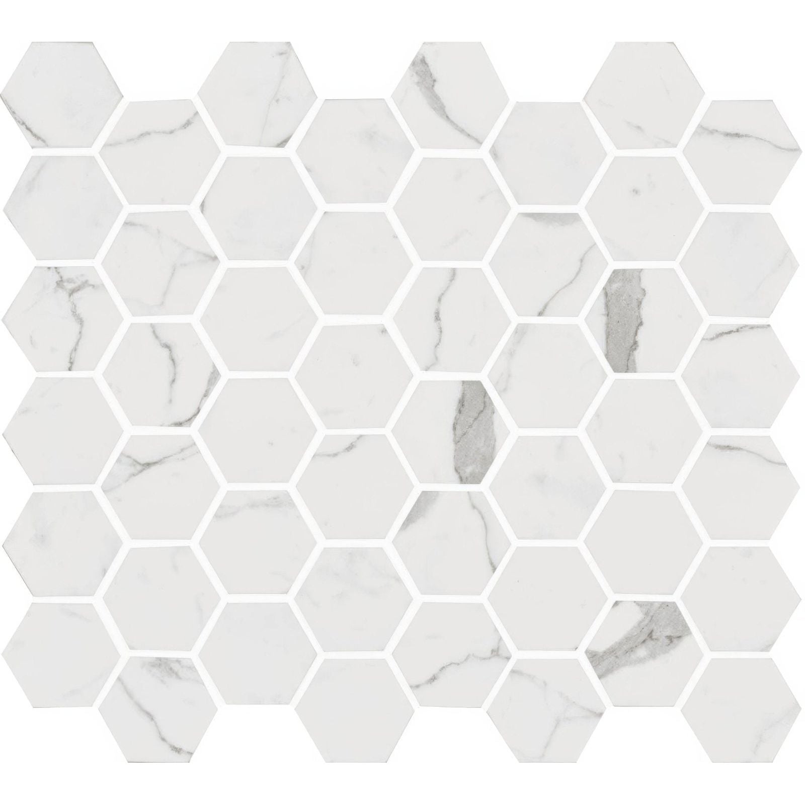 Torcello white hexagon tile featuring white hexagonal mosaic with subtle gray veining resembling marble