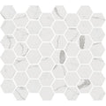 Torcello white hexagon tile featuring white hexagonal mosaic with subtle gray veining resembling marble