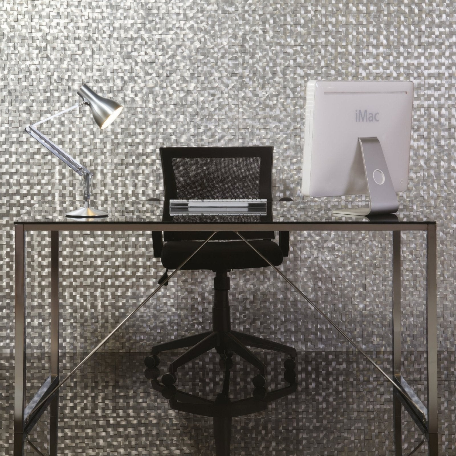 Torque Aluminium Mosaic silver woven aluminium mosaic with a silver desk lamp