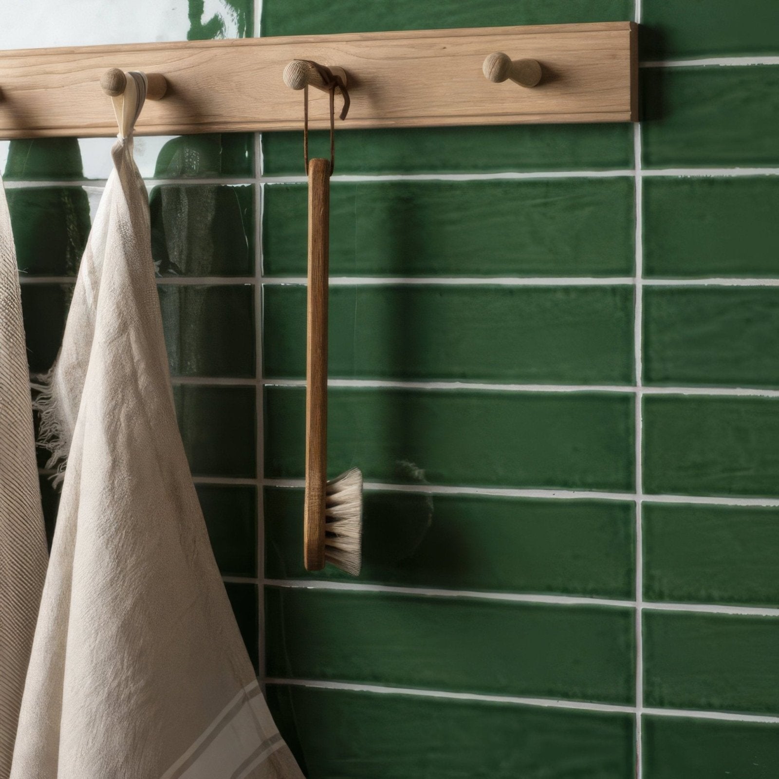 A wooden-handled scrub brush with natural bristles hanging on a tourmaline large brick tile wall-mounted rack