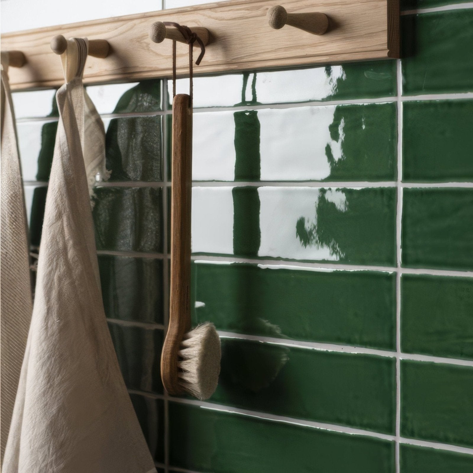 Tourmaline large brick tile with a wooden-handled body brush featuring natural bristles hanging on a rustic wood hook