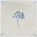 Cream-colored ceramic tile with delicate blue hand-painted floral and bee design traditional English Delft bee