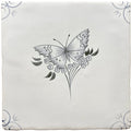 White ceramic tile traditional English Delft butterfly with black ink butterfly on flowering stem and ornate corner accents