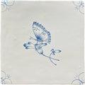 Traditional english delft butterfly 2 square white ceramic tile with blue hand-painted butterfly and floral motifs
